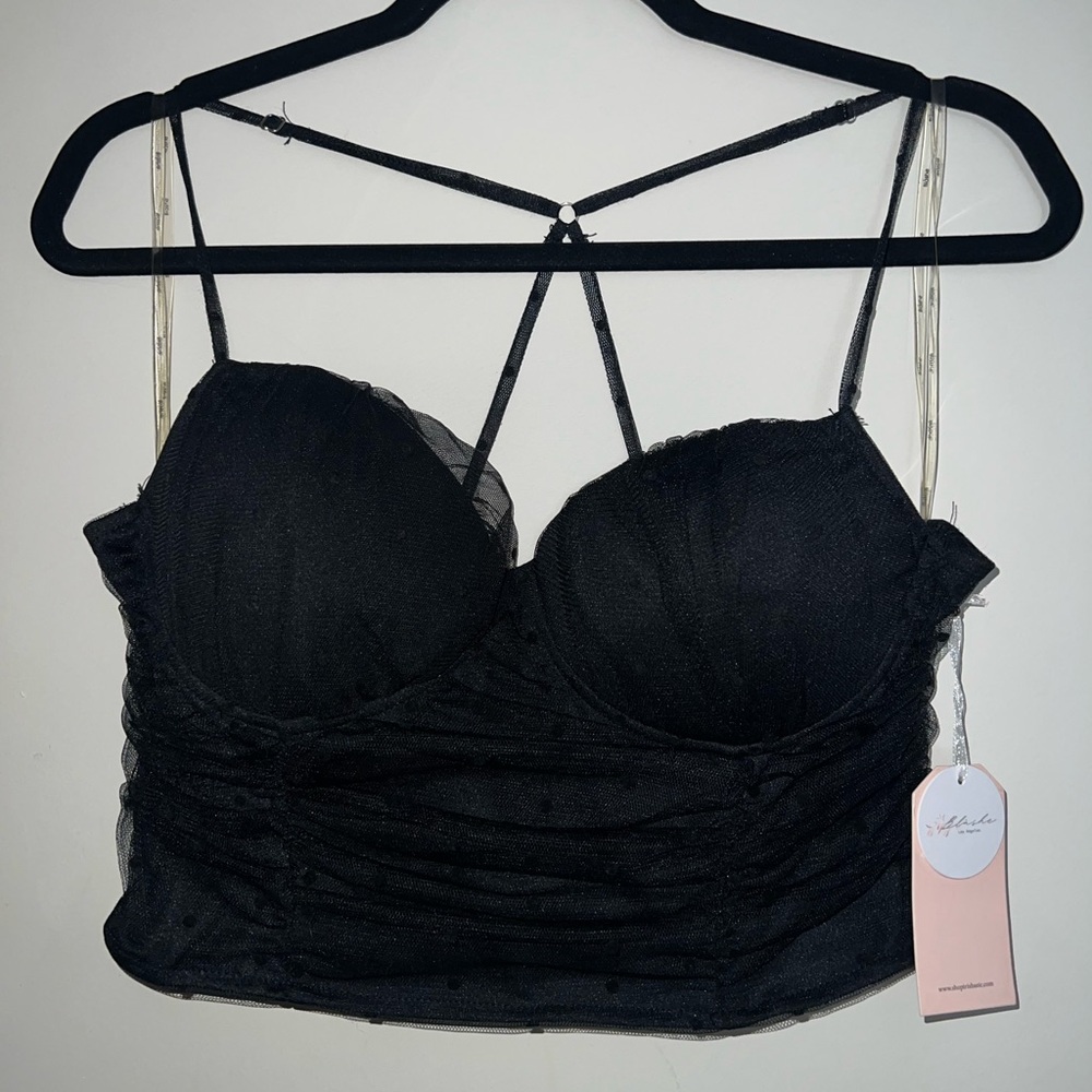 Black Mesh Polka Dot Bustier Crop Top